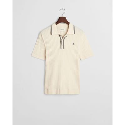 Gant Ribbed Cotton Short Sleeve Polo Cream / male