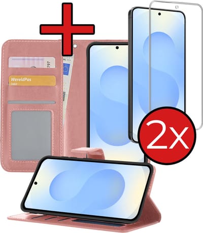 Hoesje - Met Screenprotector - Geschikt voor Samsung Galaxy S25 FE - Luxe Pasjeshouder - Flipcase - Bookcase Portemonee - Flip Case - Kunstleer Book Case - Book Cover - Walletcase - Portemonneehoes - Telefoonhoes - Rosé goud