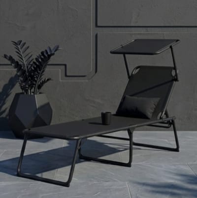 Zonneligstoel 65x200x48 cm inklapbaar met Zonnedak en Verstelbare Rugleuning – Extra Groot Ligbed tot 150 kg voor Tuin, Balkon, Camping en Strand – Zwart – Bella