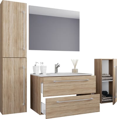VCM 5-tlg. Set | 1 Waschtisch mit zwei Schubladen, 1 Spiegel, 1 Waschbecken, 1 Midischrank, 1 Hochschrank | Keramik Waschbecken | hängend Unterschrank 80 cm | Badmöbel Set Waschplatz – Badinos