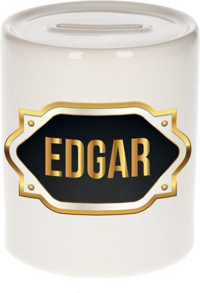 Spaarpot met voornaam Edgar - wit - met goud/zwart embleem - 8 x 9 cm - keramiek - met afsluitdop - cadeau verjaardag
