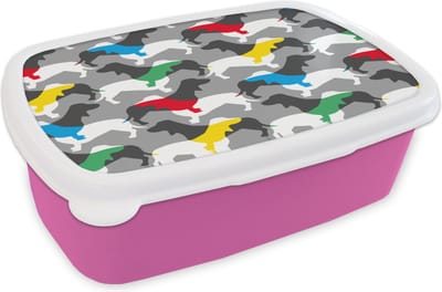 Broodtrommel Roze - Lunchbox - Brooddoos - Honden - Teckel - Patronen - 18x12x6 cm - Kinderen - Meisje