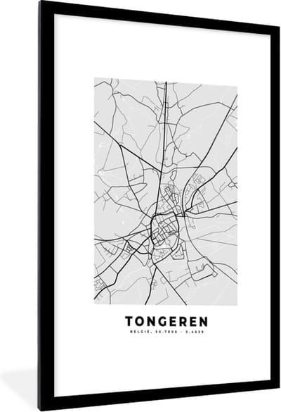 Fotolijst incl. Poster Zwart Wit- België – Tongeren – Stadskaart – Kaart – Zwart Wit – Plattegrond - 60x90 cm - Posterlijst