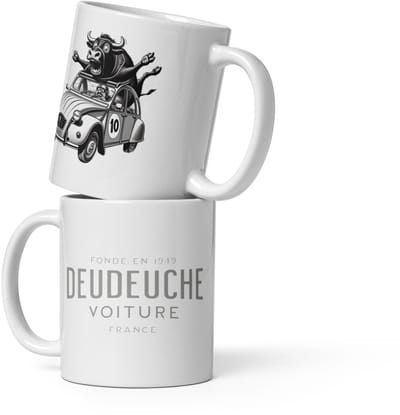 De2pktjes - Witte glanzende mok Citroën 2CV met Stier | Franse Humor & Retro Vibes - 300 ml