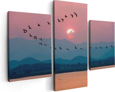 Artaza Canvas Schilderij Drieluik Silhouet Van Zwerm Vogels Bij Zonsondergang - 90x60 - Foto Op Canvas - Canvas Print