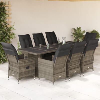 vidaXL - 9-delige - Bistroset - met - kussens - poly - rattan - grijs