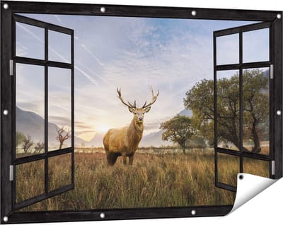 Gards Tuinposter Doorkijk Hert in het Landschap - 120x80 cm - Tuindoek - Tuindecoratie - Wanddecoratie buiten - Tuinschilderij
