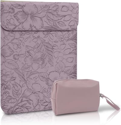Leren Laptop Sleeve en Tas voor 13.3-14 Inch Laptops met Gegraveerde Bloemen, Geschikt voor MacBook, iPad en Meer - Lilac Kleur