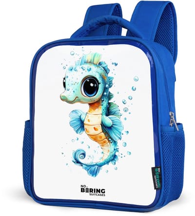 NoBoringSuitcases.com® - Rugzak blauw - Schooltas jongens - Blauw zeepaardje met grote ogen en luchtbellen - Kinder rugtas jongen - Boekentas kind - Kinderrugzak voor school - Schoolrugzak