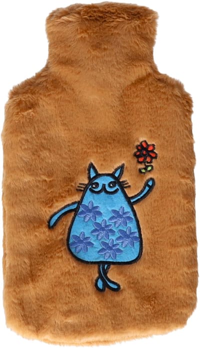 Cosy & Trendy Kruik - lichtbruin - blauwe kat print - 2 liter - pluche hoes - warmwaterkruik