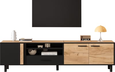 Wishdor - Tv-Meubel - 3 Kasten En 1 Lade - Scandinavisch - Voor Woonkamer - Spaanplaat - Zwart En Houtkleur - 180 X 32,5 X 50 Cm