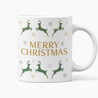 Merry Christmas Rendier Witte Mok 330ml – Feestelijke Holiday Koffiebeker met Sneeuwvlokken