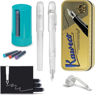 Kaweco - Cadeauset - Vintage blikje - Vulpen met Clip -  Perkeo All Clear - Doorzichtig - Fine - Turkoise Twister - Doosje vullingen