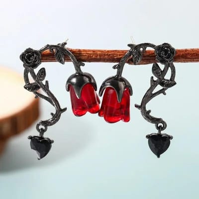 Nouveaux Boucles d'Oreilles Punk Gothique Sombre Exquises Vigne d'Épines Fleur de Rose Rouge Pour Femmes Bijoux de Mode Accessoires de Fête de Vacances Cadeaux black