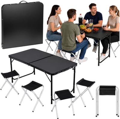 MOZY® - Inklapbare Kampeerset - Zwart - 120 x 60 cm - Verstelbare Hoogte - Campingtafel met Stoelen - in Draagkoffer - Kampeermeubels