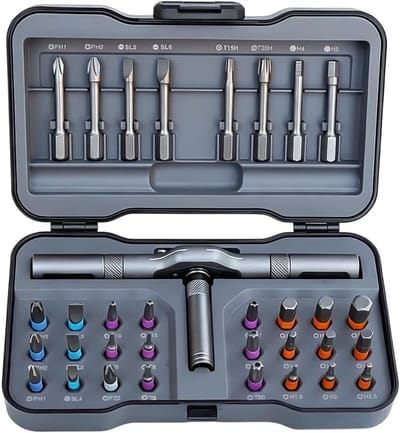 Ratelschroevendraaier Set - 32-in-1 Reparatiebits - Precisie Reparatie - Magnetische Stabiliteit - 32 Delig - Grijs