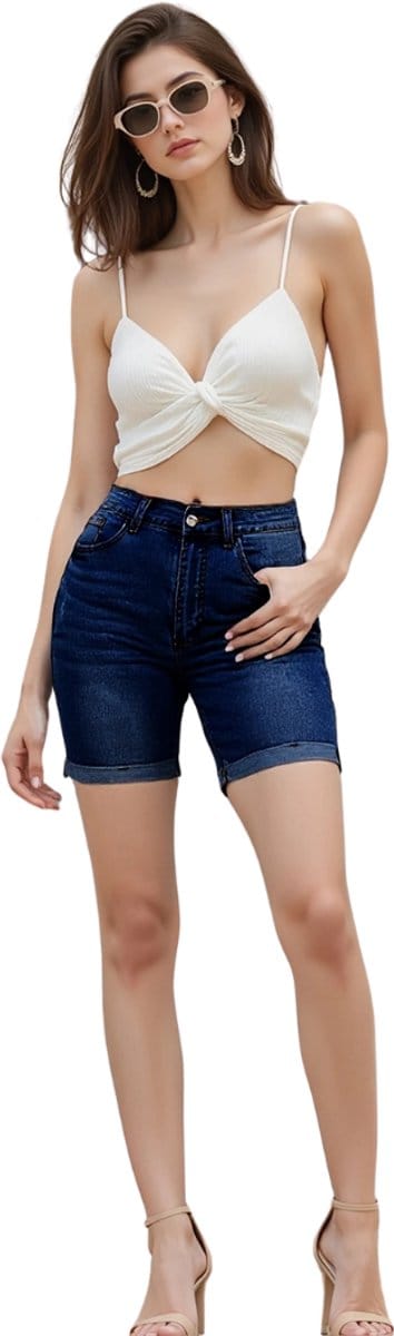 Livano Korte Broek Dames - Spijkerbroek - met Zakken - Volwassenen - Jongens - Shorts - Donkerblauw - Maat XS