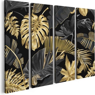 Artaza Canvas Schilderij Vierluik Gouden Tropische Bladeren - 80x60 cm - Wanddecoratie Woonkamer - Schilderijen - Muurdecoratie