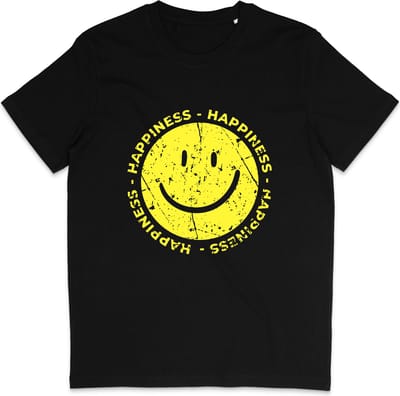 Grappig Dames en Heren T Shirt - Happiness Gelukkig - Gele Smiley -Zwart - XS