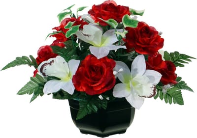 Louis Maes Kunstbloemen plantje in pot - kleuren rood/wit - 25 cm - Bloemstuk ornament - orchidee/rozen met bladgroen