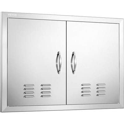 VEVOR Grilltoegangsdeur, 762 x 533 mm, dubbele buitenkeukendeur, vlak gemonteerde roestvrijstalen deur, verticale wanddeur met handgrepen en ventilatieopeningen, voor grill-eiland, grillstation, buitenkast