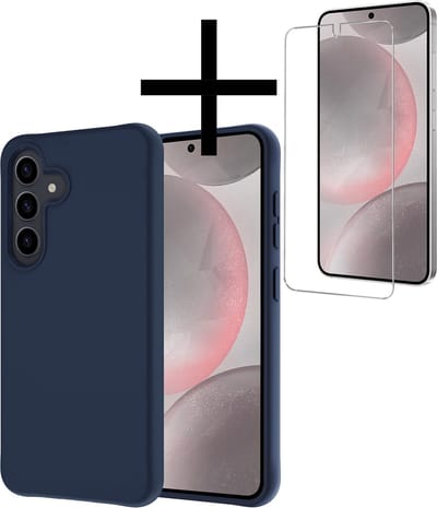 Hoesje - Met Screenprotector - Geschikt voor Samsung Galaxy S24 - Sterk & Shockproof - Back Cover - Siliconen Case - Telefoon Hoes - Donkerblauw