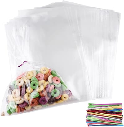 Transparante Cellofaanzakjes 200 Stuks met Draaitouw 28x20cm voor Geschenken, Bakkerij, Snoep en Desserts