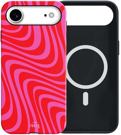 xoxo Wildhearts Berry Much - Double Layer - Hoesje geschikt voor iPhone 17 Air MagSafe case - Siliconen hoesje met golvenprint - Golven - Magnetisch telefoonhoesje - Magneet case - Optimale bescherming - Dubbele beschermlaag - Rood - Roze