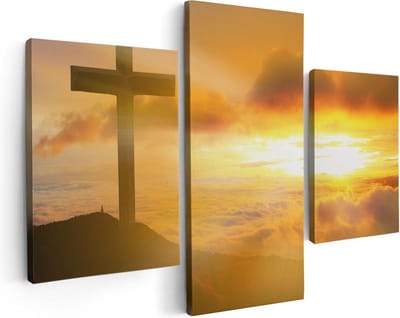 Artaza Canvas Schilderij Drieluik Kruis van Jezus Christus bij Zonsondergang - 90x60 - Foto Op Canvas - Canvas Print
