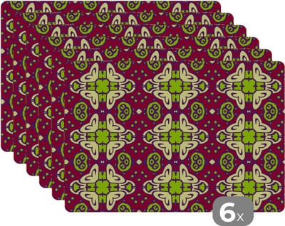 Placemat - Placemats kunststof - Patroon - Versiering - Groen - 45x30 cm - 6 stuks - Hittebestendig - Anti-Slip - Onderlegger - Afneembaar