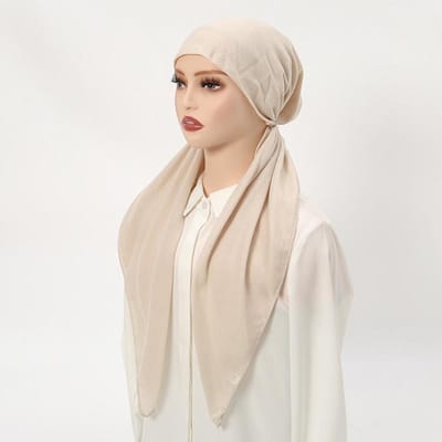 Muslim Effen Kleur Hijab Caps voor Vrouwen Innovatief Ontwerp Lange Katoen Linnen Zachte Elasticiteit Hoofddoek Vrouwelijke Zakdoek beige