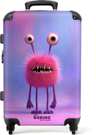 NoBoringSuitcases.com - Grote koffer - Roze monster op een pastel achtergrond - Kinderkoffer geschikt voor jongen en meisjes - Reiskoffer met 4 wielen - Trolley op wieltjes - Rolkoffer groot kinderen - 72 liter - Ruimbagage valies 20kg
