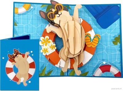 Popcards pop-up kaarten – Grappig Zonnebadende Hond Vakantie Zonnen Zwemmen Zwemdiploma Felicitatie, Verjaardag 3D wenskaart