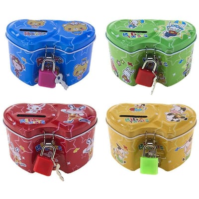 Tirelire carrée en métal avec motif dessin animé pour enfants, jouet pour économiser de l'argent, cadeau d'anniversaire, 4 couleurs, avec serrure et clé