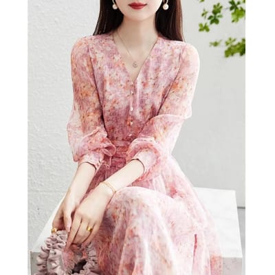 Bloemenjurk Zoete Paddenstoel Gesp Lente Nieuw V-hals Gedrukt Pofmouw Taille Jurk Dames Lang XL roze