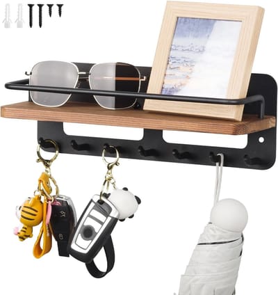 Decoratieve Sleutelhanger met Plank, Wandplank voor Sleutels met 7 Haken voor Entree, Hal en Slaapkamer (Zwart)