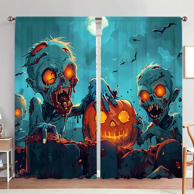 2 stuks Zombie Pompoenlantaarn Bedrukt Gordijn voor Halloween Huisdecoratie - Tunnelgordijn voor Slaapkamer, Kantoor, Keuken, 52.5cmX116cm X 2pcs black