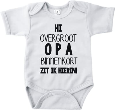 Baby romper met tekst zwangerschap aankondiging | Hi overgroot opa binnenkort zit ik hierin | Wit | korte mouw | maat 56 cadeautje zwangerschap aankondiging bekendmaking | Cadeautje 100% katoen.