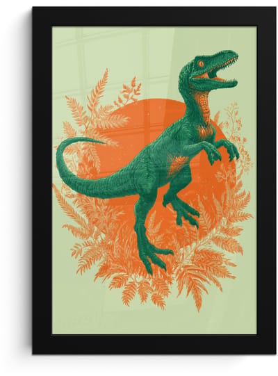 Poster in lijst - Fotolijst 20x30 cm - Posters - Dinosaurus - Groen - Planten - Cirkel - Posterlijst zwart - Decoratie - Wanddecoratie woonkamer - Muurdecoratie slaapkamer