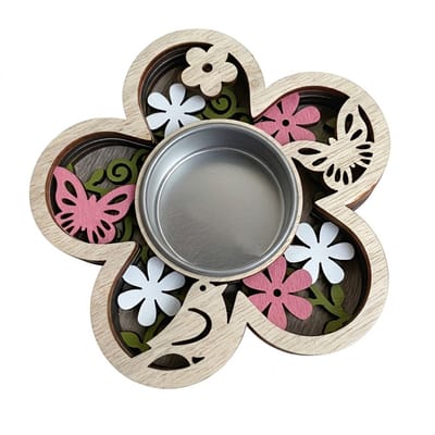 Beige hout waxinelichthouder bloem vorm met vlinder en vogel decoratie kaars houder decoratief voor tafel en interieur geschikt voor dames en heren