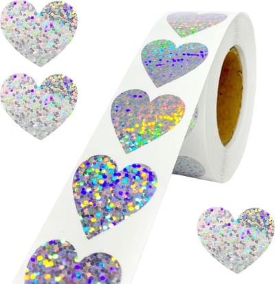 500 Stickers Op Rol - 2.5cm - Hart / Hartjes Zilver Glitter - Beloningsstickers - Stickers Kinderen - Sluitsticker - Sluitzegel - 25mm - 500 Stuks
