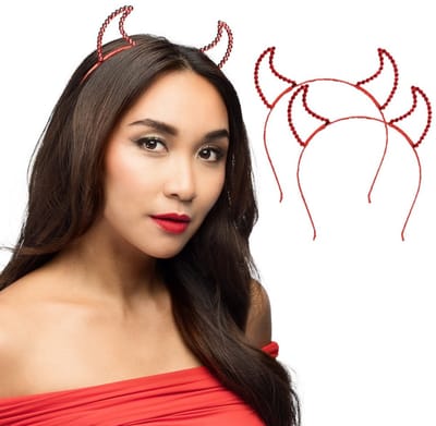 Boland Duivel hoorntjes - 2x - rood - kunststof - Halloween thema - dames - diadeem - tiara - met glitters hoorns