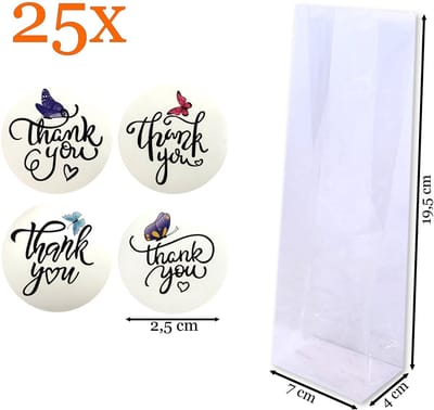 Prigta - Cadeauzakjes Transparant + Sluitstickers Thank You met Vlinders – 25 Stuks – 7x4x19,5 cm – Feestelijke Blokbodemzakjes