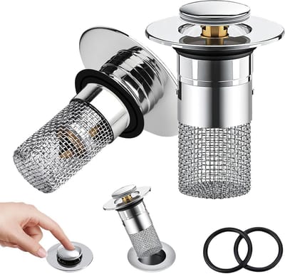 Set van 2 universele afvoerstoppen voor wastafel 34-40mm met haarfilter en roestvrijstalen strainer, ideaal voor keuken en badkamer