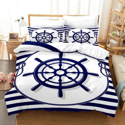 Microvezel Dekbedovertrek Set Voor Schip's Anker Blauw Verticale Streep Dekbedovertrek Set Mediterrane Stijl Stuurwiel Dekbed EU Single(135*200cm)3pcs blue