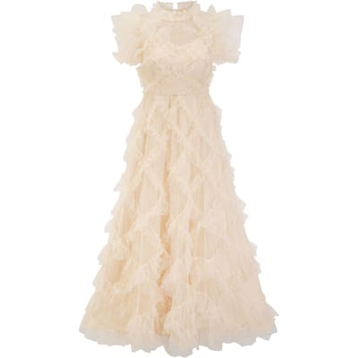 Lieve Stijl Jurk Geborduurd A-lijn Rok Vakantie Halve Hoge Hals Nieuwe Geprinte Mouwloze Jurk Dames M beige