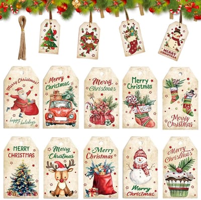 Dailygoods- Kerstetiketten 50 stuks - Cadeauetiketten - Kraftpapier - Jute koord - Opengewerkte patronen - Duurzaam ontwerp - Cadeaulabels