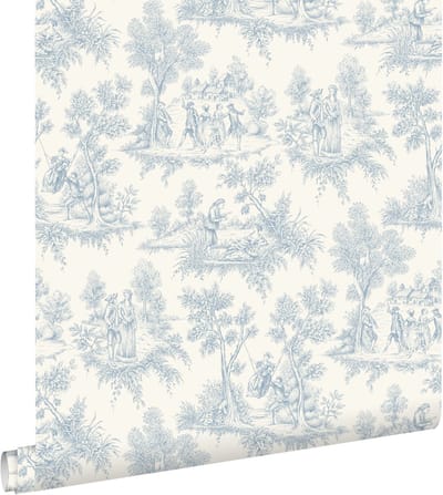 ESTAhome behang toile de jouy print lichtblauw - 50 x 900 cm - 132095