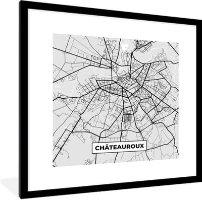 Fotolijst incl. Poster - Plattegrond – Châteauroux – Stadskaart – Kaart – Frankrijk - 40x40 cm - Posterlijst