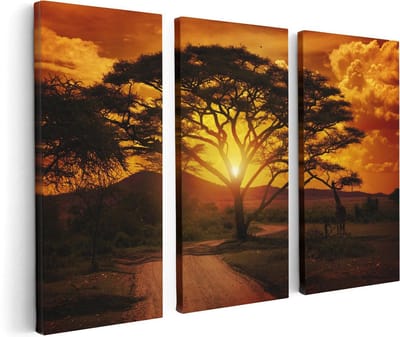 Artaza Canvas Schilderij Drieluik Zonsondergang Achter Een Savanne Boom - 120x80 cm - Wanddecoratie Woonkamer - Schilderijen - Muurdecoratie